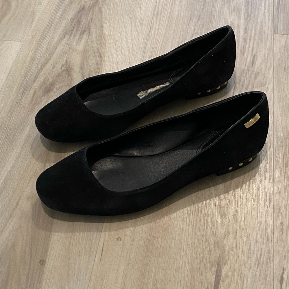 Calvin Klein suede black short block heels gold accents size 9.5